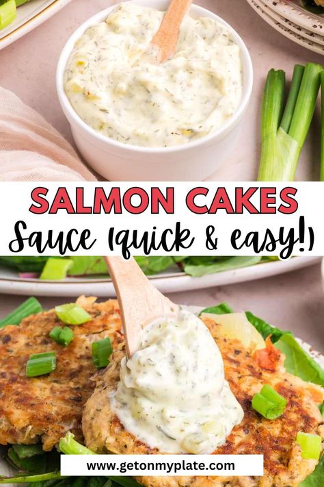 This Easy Sauce for Salmon Cakes will become your new favorite way to dress up any seafood dish. With just 5 main sauce ingredients, minimal prep time, and almost zero cleanup, it's one of my family's favorite little dipping sauces for gourmet salmon cakes to frozen fish sticks! This is a great seafood sauce with mayonnaise that you can use on salmon or eve fish sticks! It's also a good sauce for fish tacos. Salmon Croquettes Dipping Sauce, Sauce For Salmon Croquettes, Salmon Cake Sandwich, Sauce For Salmon Patties Easy, Salmon Cakes Sauce, Fish Sauce Dipping Sauce, Salmon Cake Sauce, Sauce For Salmon Easy, Salmon Dipping Sauce