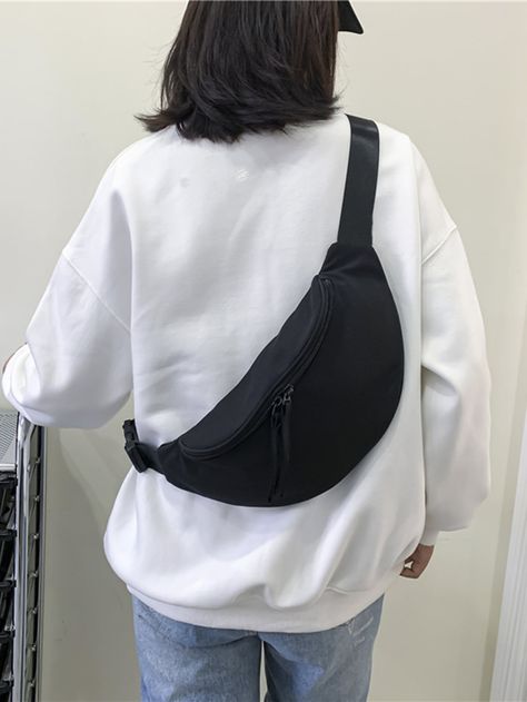 Black Cool Collar  Nylon Plain Waist Bag Embellished   Women Bags Side Bags For Women Aesthetic, Phany Pack Outfit, Sling Bag Outfit Aesthetic, Side Bag Outfit, Fanny Pack Aesthetic, Bag Outfit Aesthetic, Red Sling Bag, Waist Bag Outfit, Sling Bag Outfit