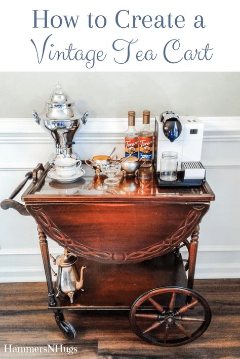 Nothing quite says home like the warm steam from a hot cup of tea or the familiar aroma of a fresh brewed pot of coffee.  Learn how to create a vintage tea cart with this easy shopping guide to offer your guests a classy taste of home. #teacart #vintage #vintagestyle #coffee #coffeecart #antique #antiques #diy #diyprojects #diningroom #kitchen Antique Tea Cart, French Country House Decor, Vintage Tea Cart, French Country Ideas, Espresso At Home, Hosting Ideas, Wooden Tea Box, Tea Cart, Antique Spoons