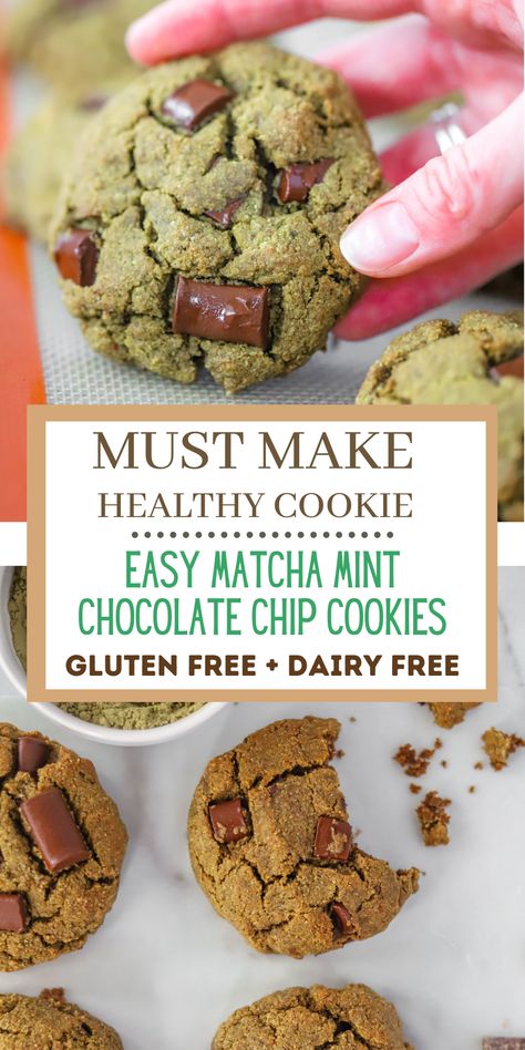 These Easy Matcha Mint Chocolate Chip Cookies are the exact healthy, clean and DELICIOUS cookie you want to be making this weekend. They are gluten free, dairy free & have such a great nutritious kick to them! They are toddler approved and fun to have the kids make with you! Enjoy the perfect healthy mint chocolate chip cookie! Gluten Free Mint Cookies, Mint Choc Chip Cookies, Healthy Mint Chocolate Chip Cookies, Easy Mint Chocolate Chip Cookies, Chocolate Chip Matcha Cookies, Easy Winter Recipes, Matcha Mint, Mint Chocolate Chip Cookies, Easy Clean Eating Recipes