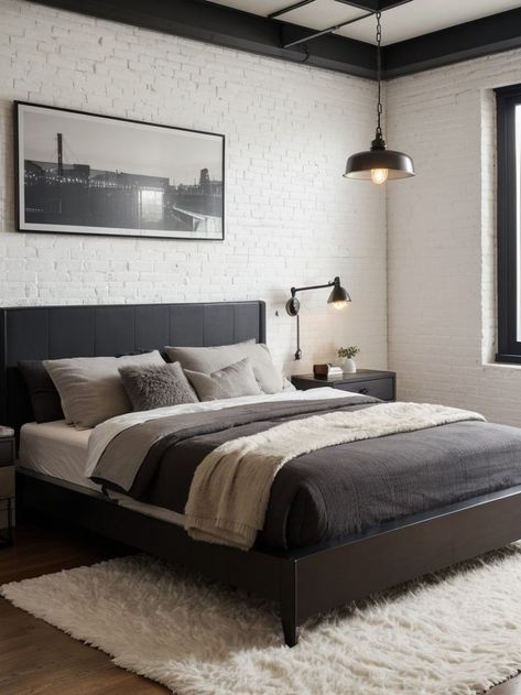 Create a sleek and modern bedroom aesthetic by pairing a minimalist platform bed with industrial-style pendant lights. Add a touch of warmth with faux fur rugs and incorporate an urban feel with exposed brick walls. White Brick Bedroom, Modern Bedroom Aesthetic, Aesthetic Industrial, Loft Aesthetic, Faux Fur Rugs, Industrial Style Pendant Lights, Chic Loft, Fur Rugs, Modern Industrial Decor