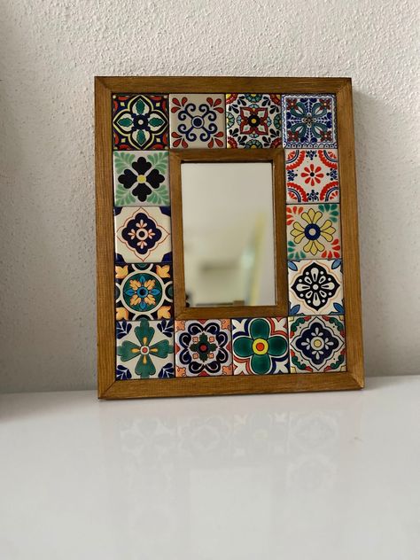 Talavera Mirror, Mexican Tile Art, Tile Mirror Frame, Wooden Mirrors, Art Deco Christmas, Bohemian Mirror, Wall Hanging Decorations, Tile Mirror, Hand Painted Mirrors