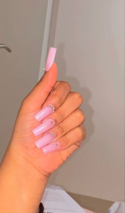 Solid Pink Nails With Rhinestones, Basic Pink Nails With Gems, Pink With Gems Nails, Plain Pink Nails With Rhinestones, Pink Nails With Crystals, Baby Pink Nails With Rhinestones, Light Pink Nails With Rhinestones, Pink Nails Rhinestones, Pink Nails With Diamonds