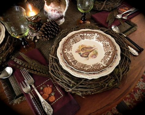 Nancy's Daily Dish: A Brown and Aubergine Tablescape for Fall with Pheasants and Transferware Candlelit Centerpieces, Candlelight Centerpieces, Gold Taper Candles, Spode Woodland, Coloured Candles, Autumn Table, Fall Tablescapes, Table Inspiration, Summer Tables