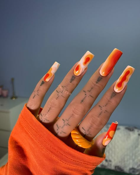 #orangenails #nails #nail #naildone #nailstagram #nailartideas #nailsonfleek #nailsart #nailartdesign Funky Art Nails, Infrared Nails, New Orleans Nail Designs, Nail Ideas June, Red 90s Nails, Xl Nails Design, Orange Nails Acrylic, Red Orange Nails, Orange Nail Art