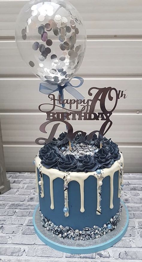 Blue 40th Birthday Cake, Navy Blue And Silver Birthday Cake, 70th Birthday Cake For Man, Drip Cake Ideas For Men, Male 21st Birthday Cake, Blue And White Cake For Men, Blue And Silver Cake For Men, Blue Cake Ideas For Men, Masculine Cakes For Men