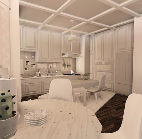 Bloxburg White Kitchen Ideas, Fancy House Layout, Fancy Bloxburg Kitchen, Small Fancy House, Roblox Bloxburg Kitchen Ideas, Winter House Exterior, House Bedroom Ideas, Roblox House, Blocksburg Room Ideas￼