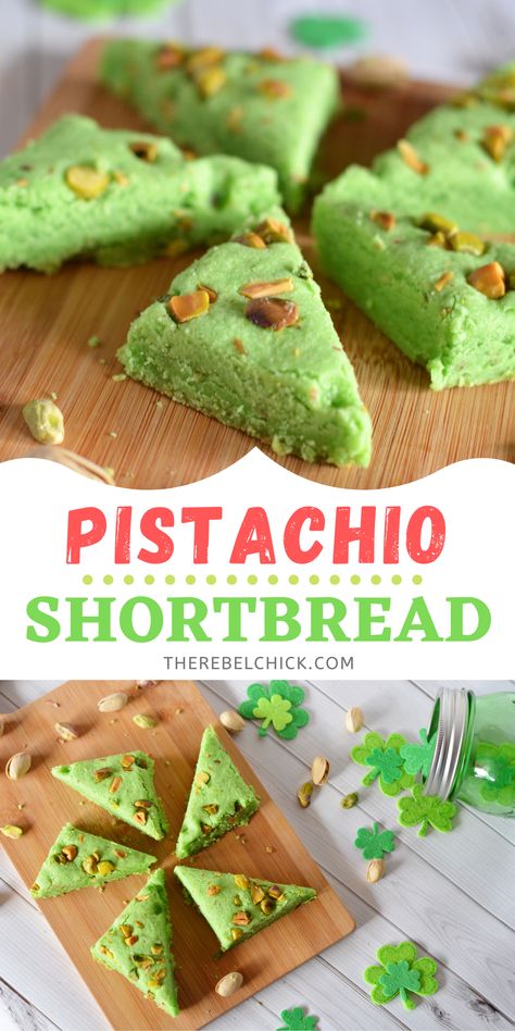 This tasty Homemade Pistachio Shortbread Recipe is really easy to make and it looks so cute for Saint Patrick's Day! #saintpatricksday #shortbreadrecipe #pistachiocookies Recipes Using Pistachio Butter, Pistachio Bark Recipe, Pistachio Scones, Pistachio Christmas, Pistachio Cookies Recipe, Pistachio Desserts, Pistachio Recipes Desserts, Easy Shortbread Cookies, 2024 Cookies