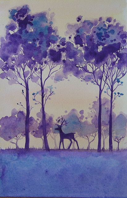 watercolor #tree #art Watercolor Trees, A Deer, Foto Art, Watercolor Inspiration, Purple Hues, Tree Art, Art Plastique, 그림 그리기, Painting Inspiration