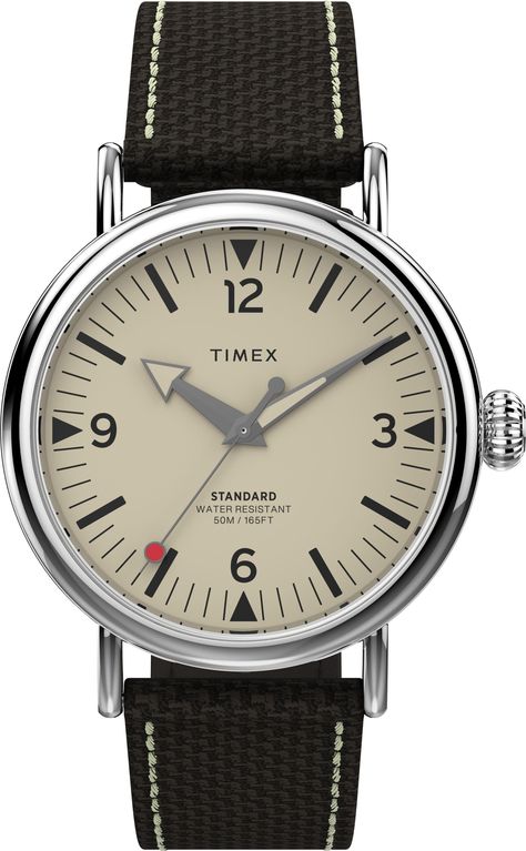 Timex Standard 40mm Silver-tone Case Cream Dial Brown Fabric Leather Strap Watch TW2V44100 - Wallace Bishop Gents Watch, Timex Watches, Gents Watches, Military Inspired, The Cream, Watch Case, Leather Fabric, Water Sports, Silver Watch