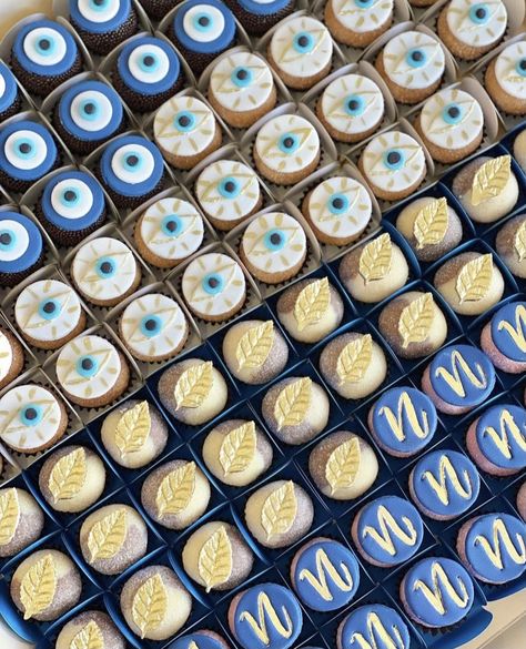 Mamma Mia Cupcakes Ideas, Evil Eye Cupcakes, Evil Eye Party Decoration, Evil Eye Theme Party, Greece Birthday Party Ideas, Greece Birthday, Evil Eye Party, Greece Party, 17th Birthday Party Ideas