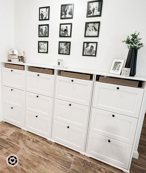 Modern Farmhouse Shoe Cabinet, Ikea Shoe Cabinet Built In, Ikea Brusali Shoe Cabinet Hack, Wall Shoe Cabinet, Ikea Brusali Shoe Cabinet, Shoe Storage Built In, Hallway Shoe Cabinet, Brusali Ikea Hack Shoe Storage, Ikea Brusali Hack