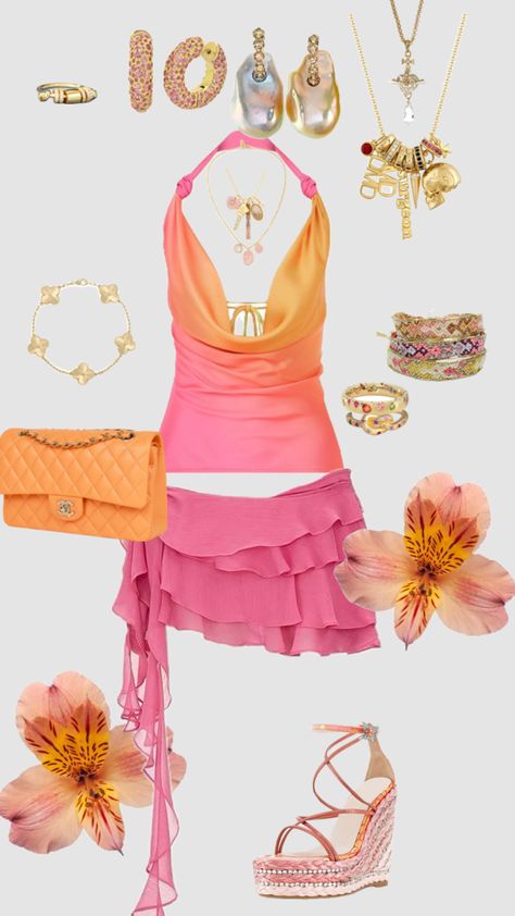 #outfit #obsessed #fashion #inspo Fashion Shuffles, Pink Orange Outfit, Pink And Orange Outfits, Marbella Outfits, Orange And Pink Outfit, Pink And Orange Outfit, Holiday Outfits Summer, Tropical Outfit, Clubbing Outfits