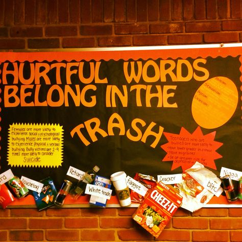 Hurtful words belong in the trash bulletin board. GREAT idea for if residents are saying derogatory terms to one another.  This is my original work and original pin. If you decide to use this bulletin board or redo it, please tag me so I could see! :)  #bulletinboard #reslife #firstyearRA Phoenix Pictures, Phoenix Images, Ra Bulletins, Ra Bulletin Boards, Res Life, Library Bulletin Boards, Ra Ideas, Classroom Bulletin Boards, Bulletin Boards