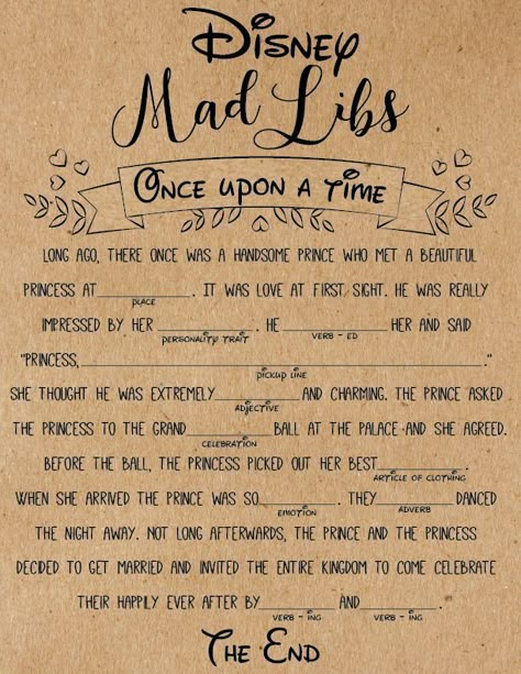 Mad Libs Funny, Disney Wedding Shower, Bridal Mad Libs, Disney Themed Bridal Shower, Bridal Shower Games Funny, Bridal Party Games, Disney Bachelorette, Disney Bridal Showers, Fun Bridal Shower Games