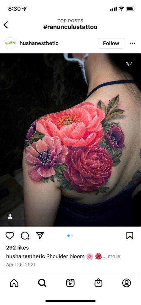 Colorful Flower Half Sleeve Tattoo, Large Floral Tattoo Color, Bright Floral Tattoo, Colorful Shoulder Tattoos For Women, Peony Shoulder Tattoos For Women, Fushia Tattoo, Shoulder Floral Tattoos For Women, Rose And Peony Tattoo, Color Flower Tattoos For Women