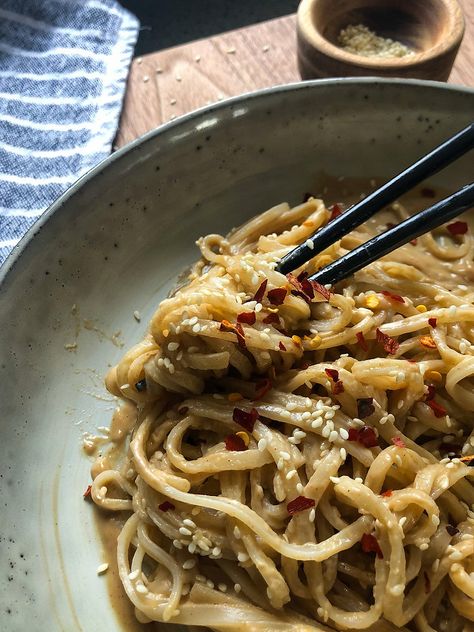 PEANUT BUTTER SESAME NOODLES Peanut Butter Sesame Noodles, Peanut Butter Noodles, Butter Noodles, Buckwheat Noodles, Sesame Noodles, Buttered Noodles, Asian Noodles, Asian Flavors, Chili Flakes