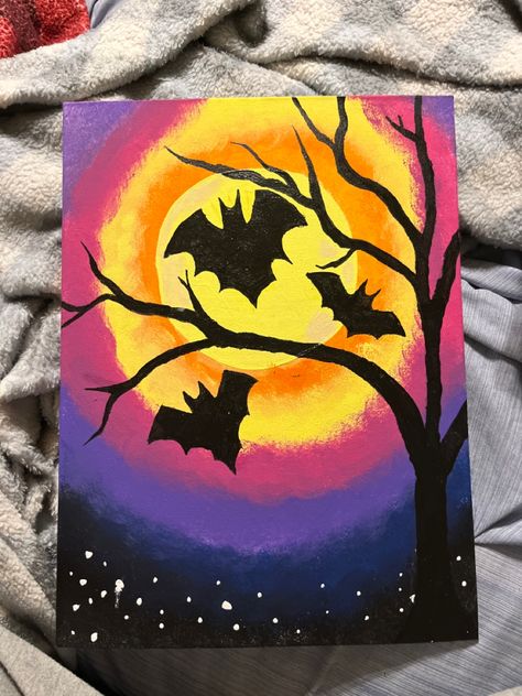 Cute Bat Painting Easy, Halloween Bat Painting, Bat Painting Easy, Fall Canvas Painting Ideas Easy Diy, Bats Painting, Painting Ideas Halloween, Halloween Canvas Paintings, Creepy Paintings, Halloween Canvas Art