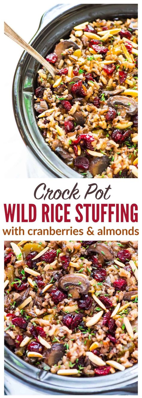 Crock Pot Stuffing with Wild Rice, Cranberries, and Almonds. This is an easy, DELICIOUS gluten free stuffing recipe everyone can enjoy! #crockpot #slowcooker #holidaysides #glutenfree #stuffing via @wellplated Cranberries Crockpot, Wild Rice Stuffing, Gluten Free Stuffing Recipes, Crockpot Stuffing, Vegan Crockpot Recipes, Vegan Crockpot, Gluten Free Stuffing, Rice Stuffing, Crock Pots