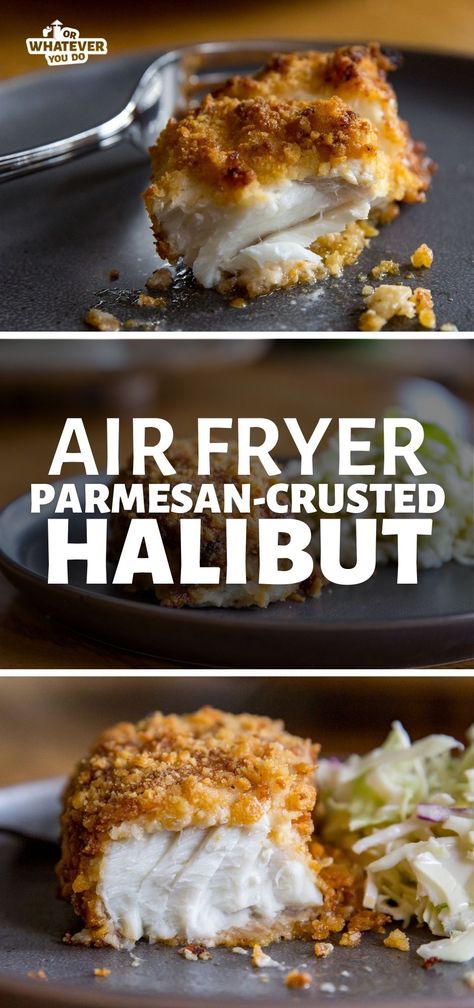 Halibut Air Fryer, Parmesan Crusted Halibut Recipe, Parmesan Crusted Halibut, Air Fryer Fried Shrimp, Crusted Halibut, Dinner Shrimp, Air Fried Fish, Halibut Recipe, Air Fryer Fish Recipes