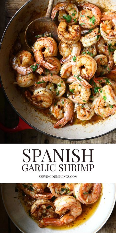 Spanish Garlic Shrimp - Serving Dumplings Spanish Garlic Shrimp, Serving Dumplings, Best Seafood Recipes, Tapas Recipes, Shellfish Recipes, Pescatarian Recipes, Shrimp Dishes, Garlic Shrimp, Seafood Dinner