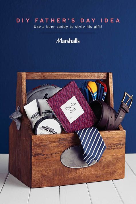 Use a rustic beer caddy to style a DIY Father’s Day gift! Add fun, striped socks, a printed tie and a rolled leather belt. Create your own shave kit with a zippered bag and all the essentials, then finish with a charming little memory book. Visit Marshalls to gather gifts he’ll love — at the most thoughtful prices. Book Decorations, Beer Caddy, Beer Day, Zippered Bag, Father's Day Diy, Unique Diy Gifts, Shop Shoes, Striped Socks, Creative Gifts