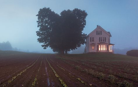 Farm in the Fog, West Newbury, Massachusetts Poor Southern Aesthetic, Liminal Tattoo, Midwest Gothic Aesthetic, Midwestern Gothic, Linocut Inspiration, Midwest Gothic, Midwest Emo, Visual Archive, American Gothic