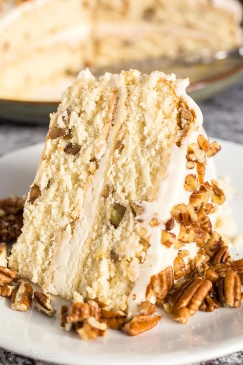 Butter Pecan Cake with Buttercream is an easy to make homemade layered cake. A classic moist white cake with butter toasted pecans and rich buttercream frosting. #layercake #butterpecan #buttercream Cake With Buttercream Frosting, Butter Pecan Cake, Cake With Buttercream, Pecan Cake, Monkey Bread, Butter Pecan, Pie Cake, Cupcake Cake, Eat Dessert