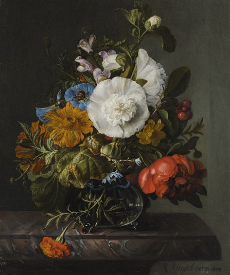 Rachel Ruysch THE HAGUE 1664 - 1750 AMSTERDAM STILL LIFE OF FLOWERS IN A GLASS VASE ON A MARBLE LEDGE signed, dated and inscribed lower right: R Ruysch 1745 81 Jaren oil on canvas, unlined 38.2 x 32.2 cm Rachel Ruysch, Dutch Still Life, Female Painters, Dutch Masters, Dutch Golden Age, Flowers Paintings, Floral Still Life, Dutch Painters, Art Still Life