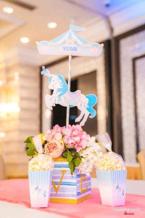 Swoon over this impressive vintage carousel birthday party! The cake will blow you away!  See more party ideas and share yours at CatchMyParty.com #catchmyparty #partyideas #carouselparty #carousels #vintageparty #girlbirthdayparty Carousel Theme Centerpieces, Carousel Party Ideas, Diy Carousel Centerpiece, Carousel Centerpiece Ideas, 18birthday Party Ideas, Carousel Centerpiece, Blue Carousel, Carousel Birthday Party, Frida Kahlo Illustration