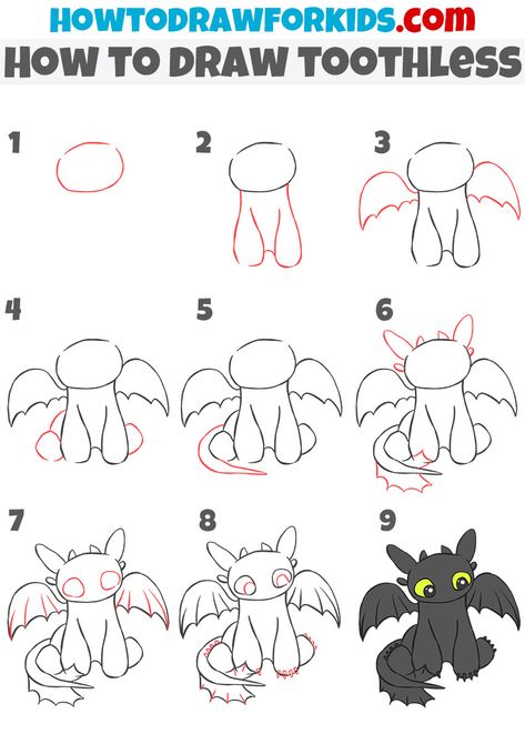 How To Draw Toothless, Toothless Drawing, Trin For Trin Tegning, Disney Drawing Tutorial, Easy Disney Drawings, Toothless Dragon, Drawing Lessons For Kids, Easy Drawings For Kids, Easy Doodle Art