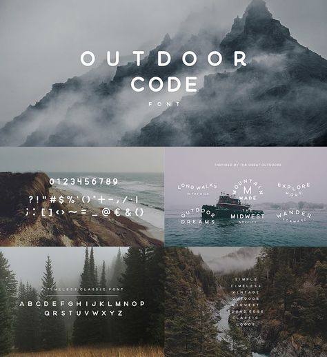 Description: Introducing Outdoor Code creative font, that will be ideal for logo design, packaging, typography arrangements, and all minimalistic layouts. For personal use. Free for download. File format: .ttf, .ai for Photoshop or other software. File size: 461 Mb. Outdoor Mood Board, Outdoor Typography, Typography Presentation, Camping Font, Packaging Typography, Adventure Fonts, Nature Font, Adventure Branding, Outdoor Logos