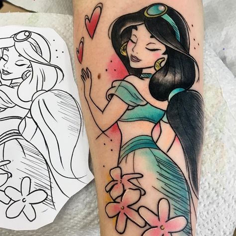 Laurah on Instagram: “🖤🖤🖤” Princess Jasmine Tattoo, Aladdin Tattoo, Half Arm Sleeve Tattoo, Jasmine Tattoo, Mickey Tattoo, Love Heart Tattoo, Disney Sleeve Tattoos, Disney Sleeve, Disney Princess Tattoo