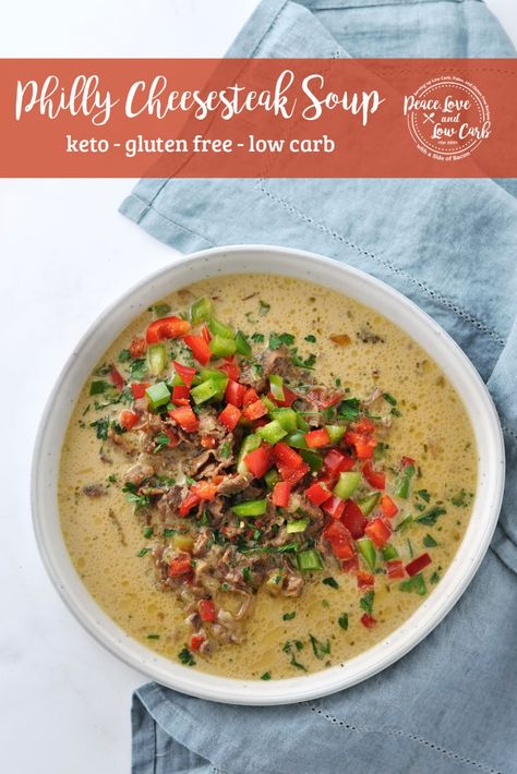 This keto Philly Cheesesteak Soup has all of the delicious flavors of a traditional philly cheesesteak sandwich, but in a warm and comforting soup variation. | Peace Love and Low Carb Philly Cheesesteak Soup Recipe, Thm Soup, Philly Cheesesteak Soup, Cheesesteak Soup, Keto Favorites, Ketone Recipes, Steak Soup, Cheesesteak Sandwich, Peace Love And Low Carb