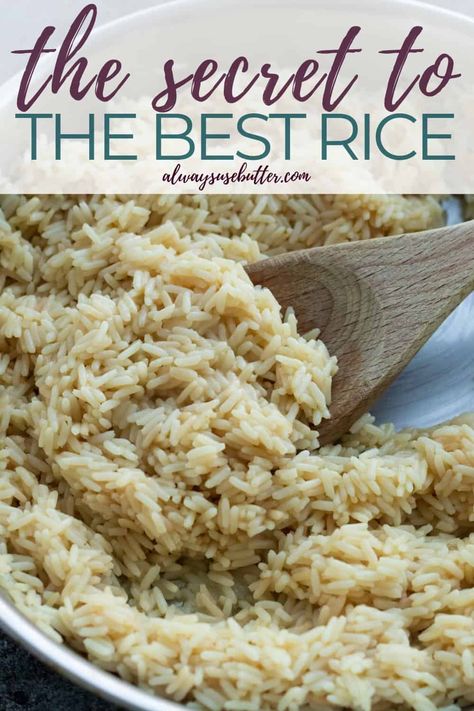 Just add 5 minutes and 2 ingredients to your regular rice cooking process, and have the best rice ever. Everyone loves this buttery rice that's loaded with so much flavor, and there's a vegan option included. Made with just rice (white rice or brown rice), butter or olive oil and chicken broth, vegetable broth or any other type of broth. A great side dish for fish and meat, amazing with stews and delicious with or without a sauce. Cooking Long Grain Rice On Stove, Long Grain Rice Recipes, Rice With Butter, Olive Oil Chicken, Vegetarian Side Dish Recipes, Chicken Flavored Rice, Best Rice Recipe, Buttery Rice, Side Dishes For Fish