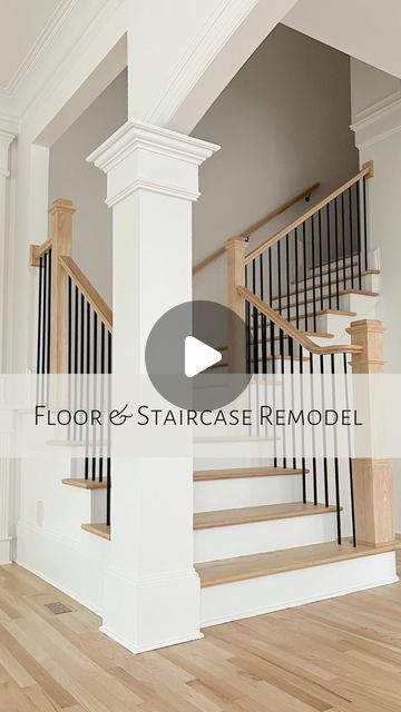 Ayla Humphrey on Instagram: "Flooring & staircase reveal 🤩🙌🏼 I seriously could not be happier with the results. Staircase: @stairsolutions Flooring: Original red oak flooring sanded down. 1 coat bleach 1 coat of Bona Natural 3 coats of Bona Mega One Matte finish I didn’t want the floors too white, too grey or too yellow. I wanted light flooring with some natural warmth to them without appearing too yellow. With the wood being red oak, it did take a coat of bleach to help remove the natural pink and red tones. DM me for my flooring guy’s contact! #houserenovation #homerenovation #homerenovations #homereno #staircase #staircaserenovation #staircasedesign #staircase #flooring #floorrefinishing #hardwoodfloors #woodstaining #hardwoodrefinishing #remodeling #homedecor #renovation Two Toned Staircase, Bleached Oak Floors, Staircase Flooring, White Oak Staircase, Light Flooring, Red Oak Flooring, Marble Foyer, Stairs Trim, Oak Staircase