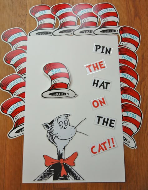 Pin The Hat On The Cat game that I made for the kiddos to play! Dr Seuss Carnival Games, Pin The Hat On The Cat, Cat In The Hat Activities For Preschool, Cat In The Hat Games, Dr Seuss Games, Dr Seuss Game, Dr Seuss Preschool Activities, Preschool Dr Seuss, Doctor Suess Birthday