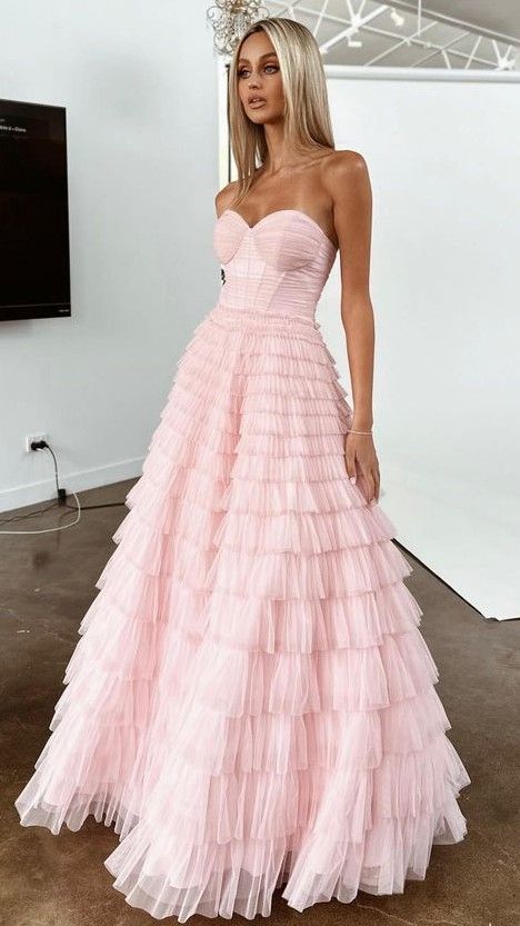 Prom Dresses Fluffy Long, Fluffy Dresses Long, Pink Flowy Prom Dress, Light Pink Ball Gown, Layered Prom Dress, Fluffy Dresses, Pink Tulle Prom Dress, Flowy Prom Dresses, Bridal Hair Up