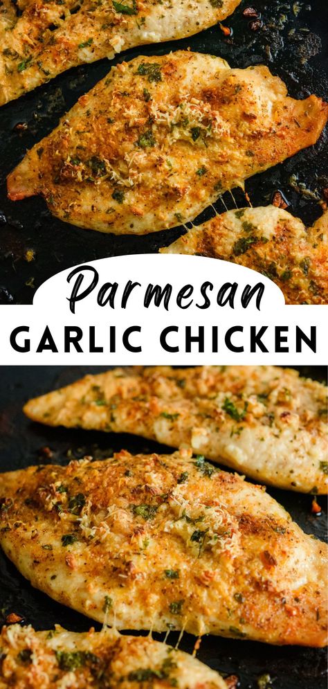 This baked garlic parmesan chicken is juicy, flavorful, easy to make, and ready to serve in only 15 minutes. Easy Dinner Recipe With Chicken, Simple Tasty Chicken Recipes, Simple Parmesan Chicken, Clean Chicken Parmesan Recipe, Chicken And Garlic Recipes, Dinner Chicken Breast Recipes, Easy Chicken Recipes For One Person, Sheet Pan Parmesan Chicken, Simple Dinners With Chicken