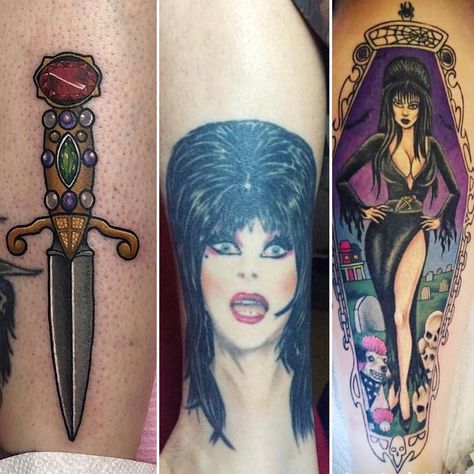 Elvira tattoos Elvira Tattoo Design, Elvira Pinup Tattoo, Elvira Tattoo Ideas, Elvira Art, Elvira Tattoo, Elvira Makeup, Elvira Costume, Goth Babe, Knife Tattoo