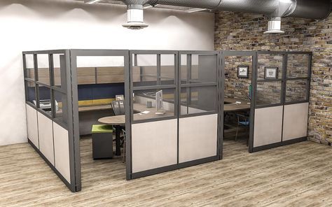 Modular Office Furniture as Private Offices. These tall cubicles make for privacy without the new construction costs. The glass gives a more open feel & welcoming. Modern Office Cubicle, Office Cubicle Design, Cubicle Design, Office Dividers, Cheap Office Furniture, Cubicle Walls, Modular Office Furniture, Modular Office, Office Remodel