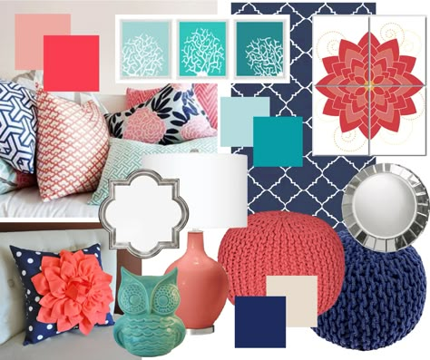 Navy, aqua, coral. Coral Bedroom Decor, Coral Bathroom Decor, Coral Living Rooms, Coral Bedroom, Turquoise Room, Navy And Coral, Coral Decor, Remodel Bedroom, Coral Blue