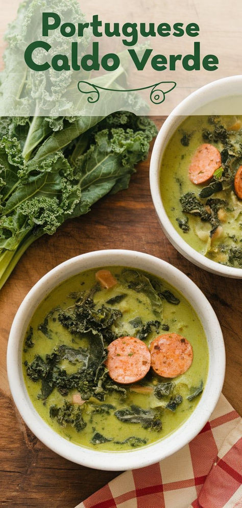 Savor the authentic flavors of Portugal with Caldo Verde! This rustic soup features tender kale, creamy potatoes, and savory chouriço sausage in every spoonful. Brazilian Soup, Caldo Soup, Caldo Verde Recipe, Kale And Potato Soup, Potato And Kale Soup, Rustic Soup, Portuguese Soup, Soup Restaurant, Kale Plant