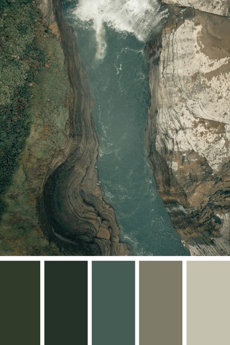 This palette presents a waterfall and river winding through a rocky landscape. The earthy greens of the surrounding vegetation, the deep blues of the water, and the browns and grays of the rocks create a natural and grounding palette. The colors reflect the rugged and serene beauty of the environment. Landscape Color Palette Colour Schemes, Earthy Cool Color Palette, Rock Color Palette, Earth Color Palette, Earth Palette, Color Scheme Generator, Earth Colour Palette, River Logo, Tone Color Palette