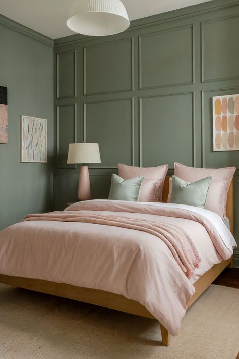 A cozy bedroom with a sage green and blush color scheme, featuring natural wood textures and soft accents. Green And Blush Bedroom, Sage Green And Blush Bedroom, Sage Green Bedroom Ideas, Light Green Bedrooms, Green Bedrooms, Blush Bedroom, Green Bedroom Design, Green Bedroom Ideas, Sage Green Bedroom