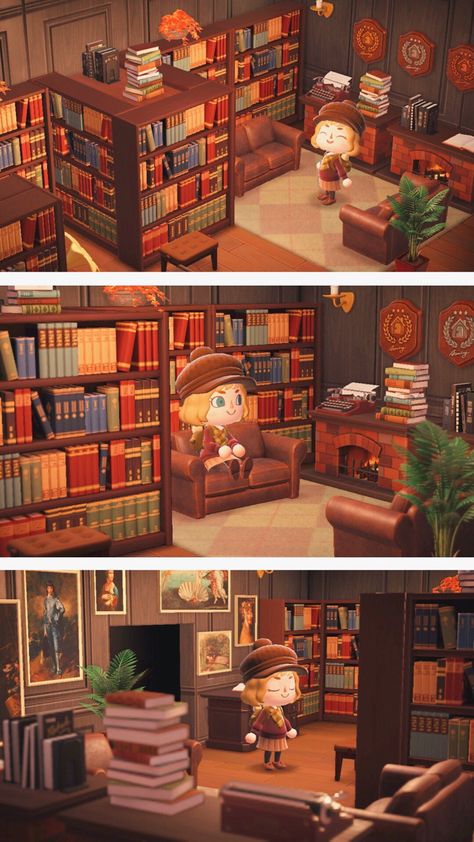 Office Acnh, Acnh Maple House Interior, Animal Crossing Big Room Ideas, Acnh Basement Design, Cottage Core Library, Acnh Room Inspiration, Library Room Acnh, Library Room Animal Crossing, Cafe Acnh Hhp