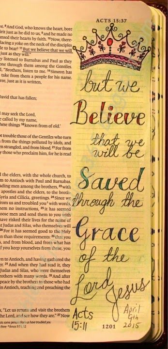 Easy Bible Art Journaling Journey: Acts 15:11 (April 9th) Acts Bible, Acts 15, Bible Summary, Doodle Art Posters, Illustrated Bible, Verses Bible, Worship Lyrics, Bible Doodling, Inspire Bible Journaling