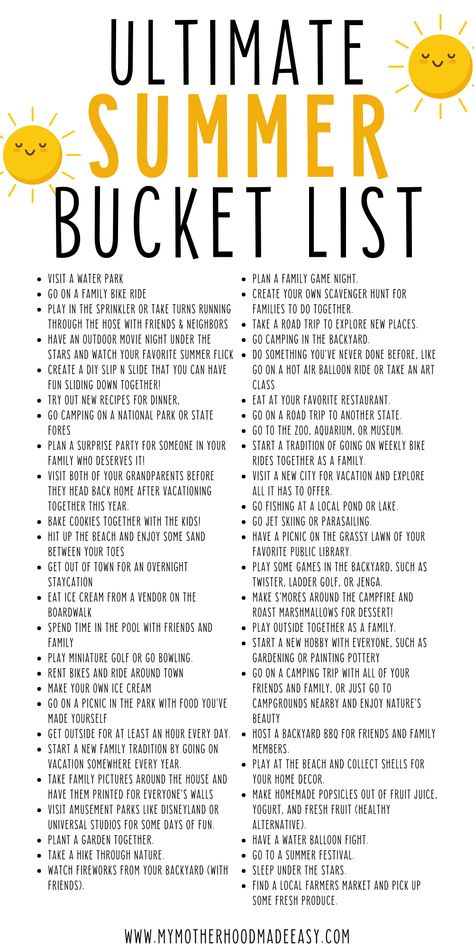 The Ultimate List of Things to Do Before Summer Ends: Your Bucket List Ideas & Fun Activities – My Motherhood Made Easy #summer #summerbucket #summerbucketlist #2024 #summerbucketforkids . Read more here 👉 https://whispers-in-the-wind.com/summer-bucket-list-exciting-activities-to-beat-the-boredom/?39 Things To Do Before Summer, Things To Do In Summer, Ultimate Summer Bucket List, Summer To Do List, Summer Fun For Kids, Bucket List Ideas, Summer Things, Fun Summer Activities, Go Back To School