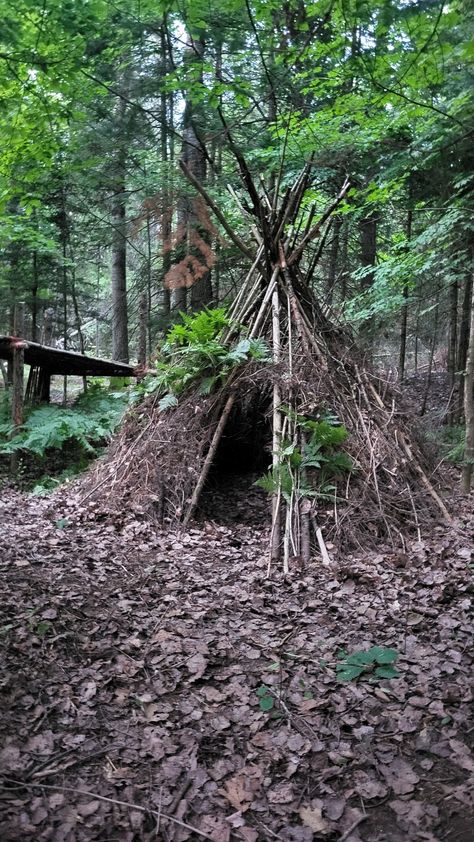 Forest Hangout, Cluttercore Room, Fort In The Woods, Woodland Camp, Diy Shelter, Shelters In The Woods, Wood Tent, Outdoor Forts, Home In The Forest