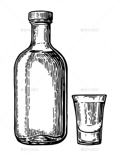 Vintage Bottle Illustration, Glass Bottle Illustration, Alcohol Bottle Drawing, Alcohol Drawing, Mexico Outline, Cocktail Drawing, Diy Birthday Gifts For Sister, Bottle Of Tequila, Citrus Cocktail